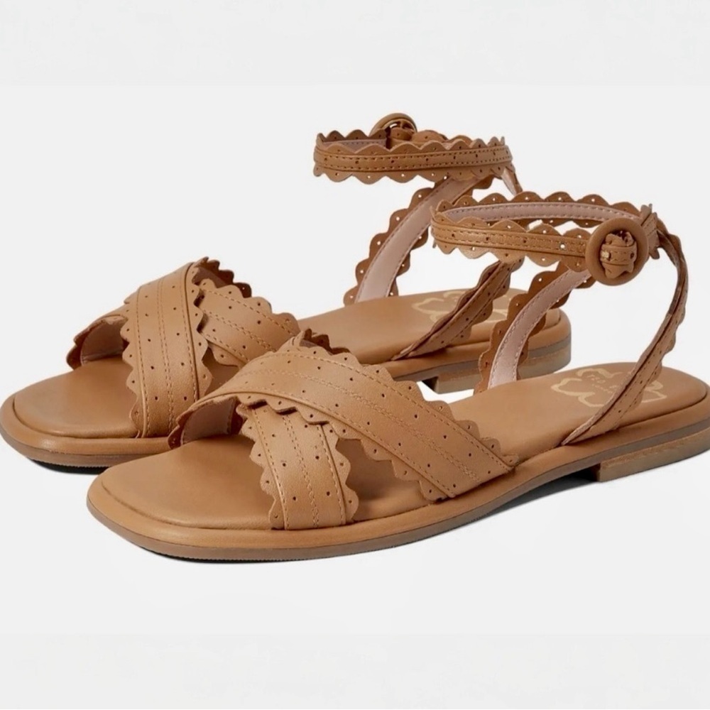 Ted Baker Taymiah Leather Scalloped Edging Ankle Wrap Tan Sandals Size 37 New